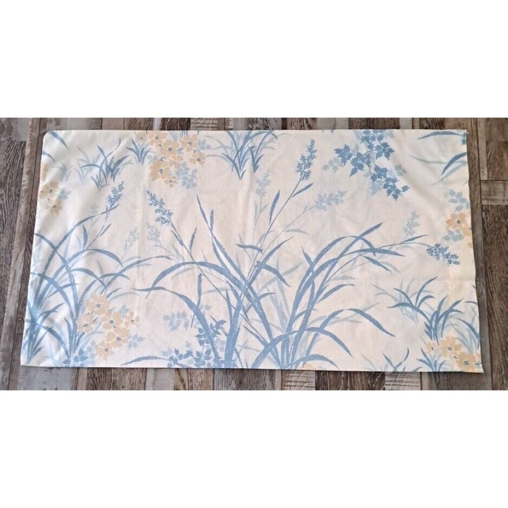 Vintage Sears King Pillowcase Blue Reeds Beige Flowers Cotton Blend Cottage